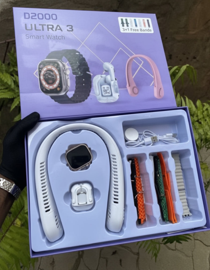 🌬️ D2000 ULTRA 3 Smart Watch &amp; Neck Fan Combo – Stay Cool &amp; Connected!